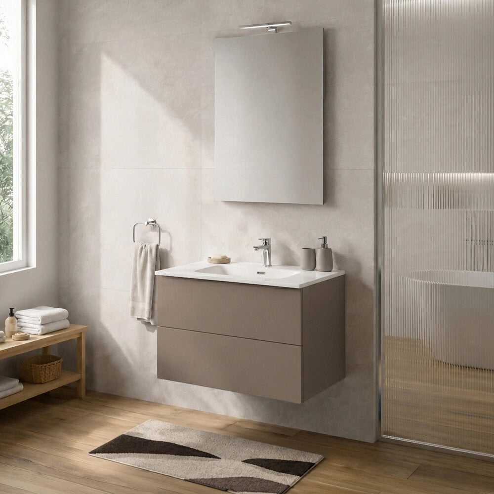 Mobile bagno sospeso 70 cm tortora due cassetti push-pull e lavabo Tierra