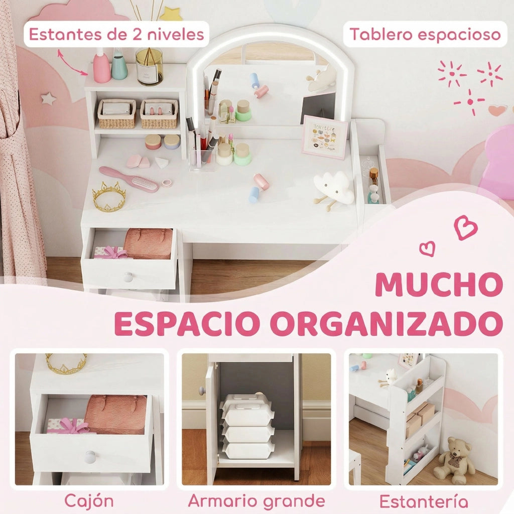 Tocador de Maquillaje per Bambini con Specchio LED e Cassetto ¨C Zephmum ¨C Bianco