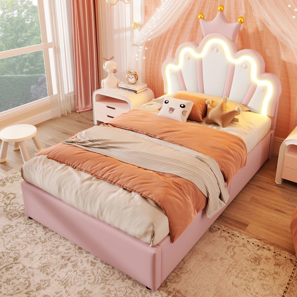 Letto imbottito 90x200 cm in PU rosa con testiera regolabile; LED e contenitore idraulico