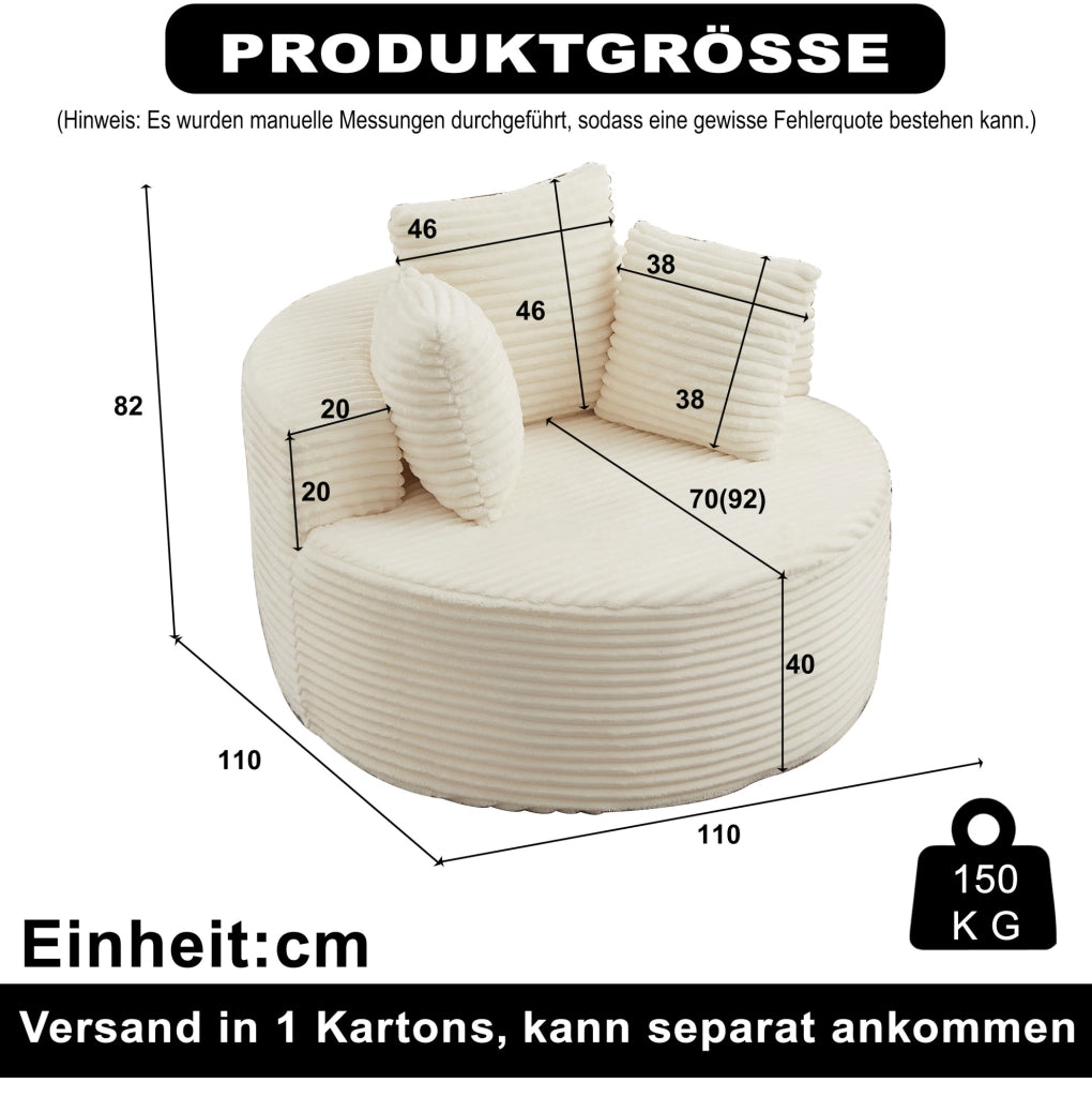 Poltrona relax rotonda in velluto a coste beige con tre cuscini