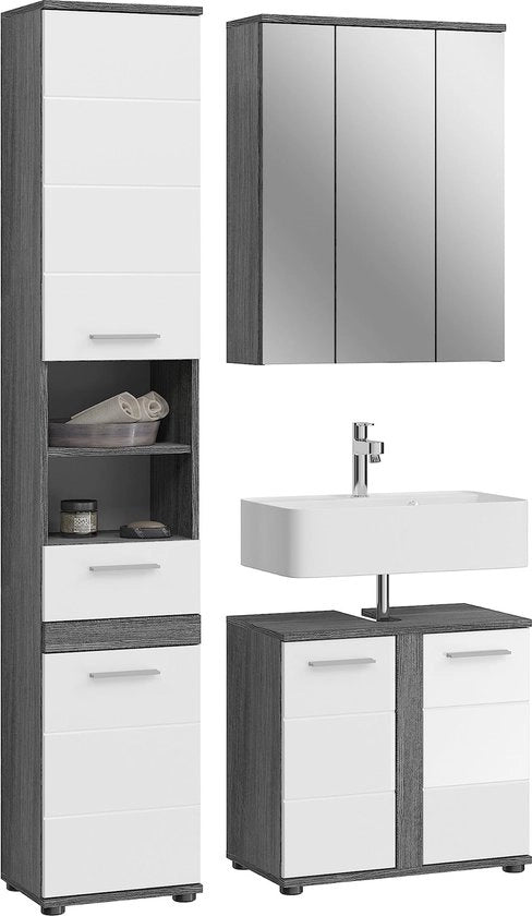 Set da bagno a 3 pezzi - materiale legno - superficie a finitura alta - fronte in abbinamento grigio - design senza tempo - certificato FSC - dimensioni 70 cm x 60 cm x 75 cm