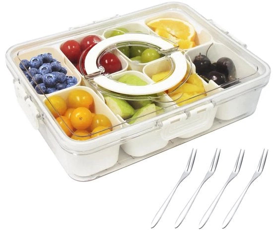 Contenitore per snack con coperchio - Scatola per snack con 8 contenitori - Support per spezie - Maniglia antiscivolo - Design trasparente - Fork per dessert in acciaio inossidabile - Scatola di archiviazione