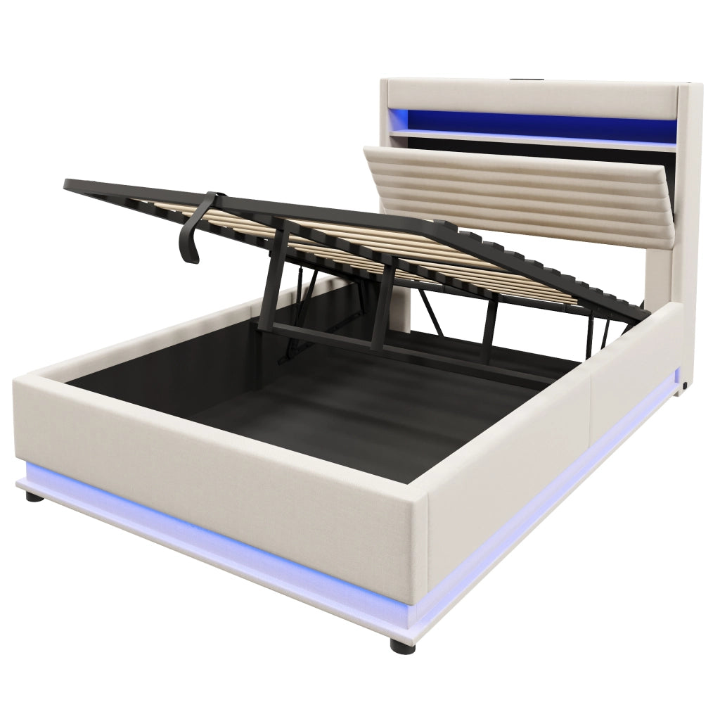 Letto imbottito ULEVR 140x200 cm con contenitore idraulico, LED, USB e Type-C, beige in lino