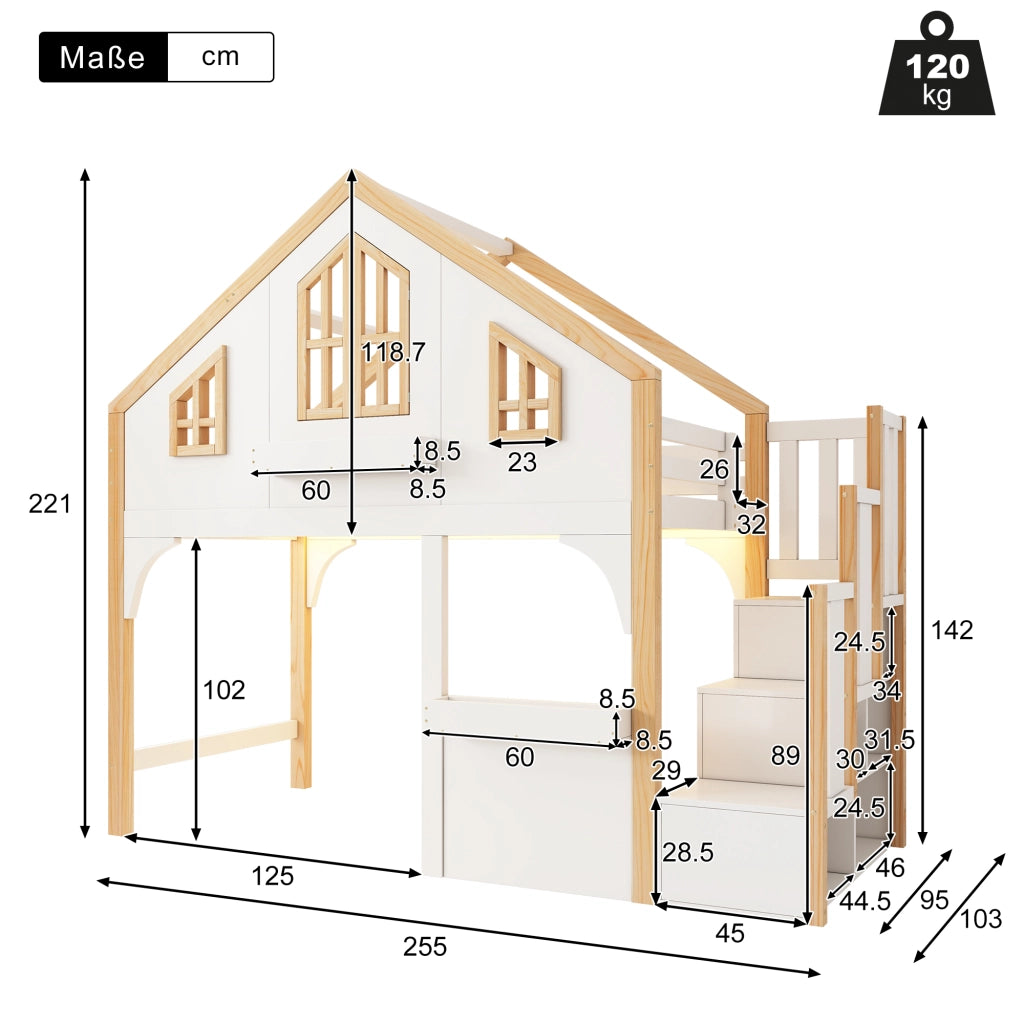 OKWISH Letto a Soppalco 90×200 cm, Letto Singolo con Scala Contenitore, LED e Finestra, senza Materasso, in Pino, Bianco