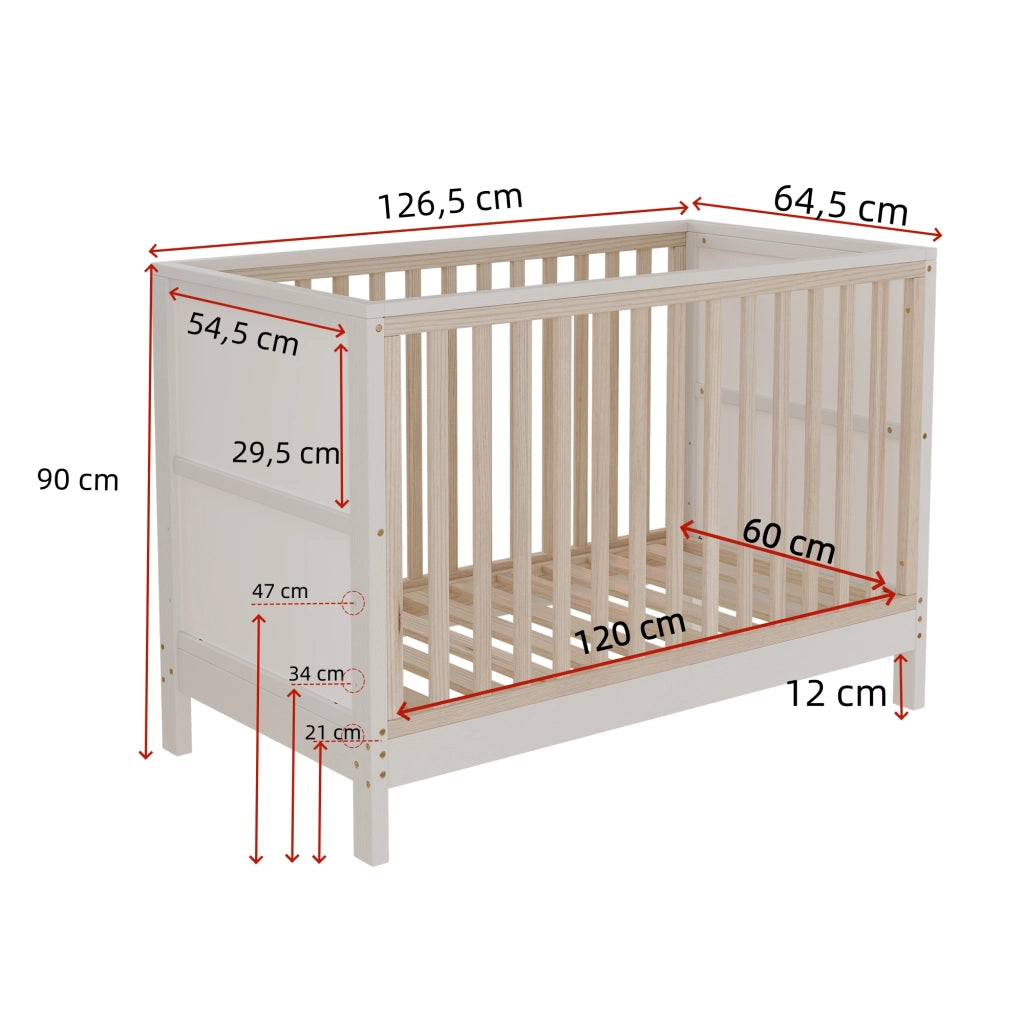Lettino per bebè convertibile 3 in 1 con lavagne dipingibili, altezza regolabile, 120x60 cm, legno massello