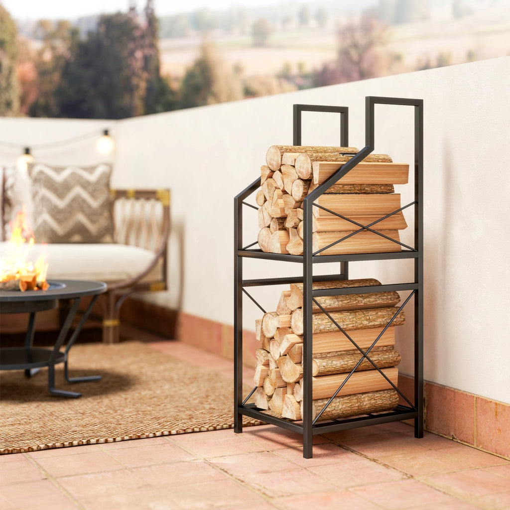 Portalegna a 2 Livelli 34x30x80cm per Interno Esterno in Metallo Nero