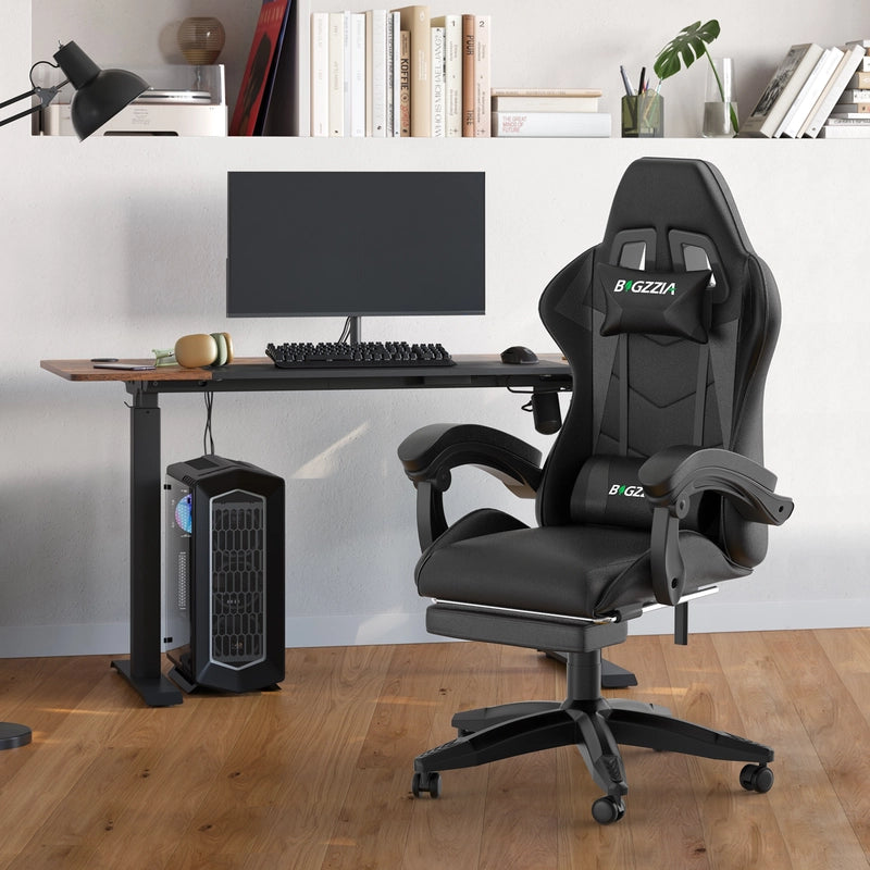 Sedia da gioco, sedia da gioco ergonomica  in similpelle, altezza regolabile, con poggiatesta e supporto lombare, poggiapiedi, nera