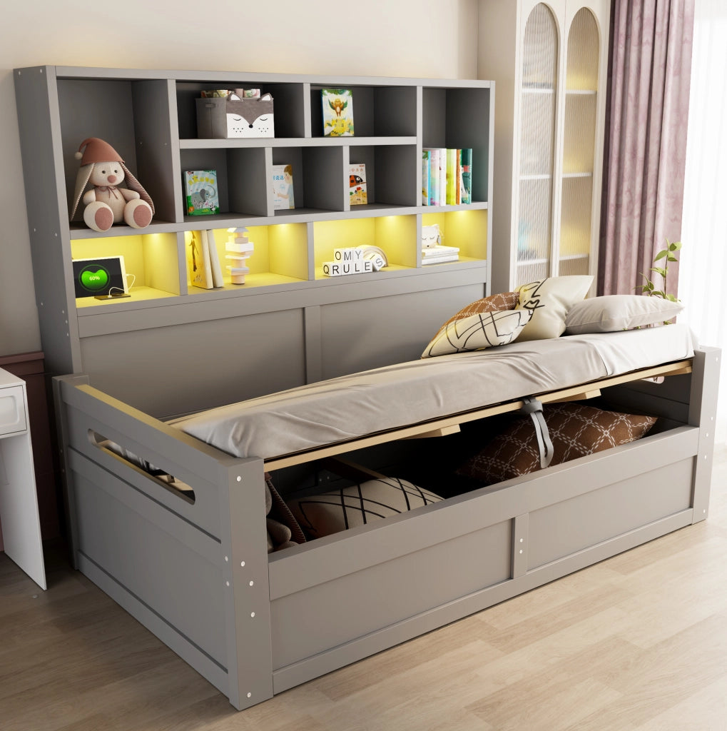 Letto multifunzione 90x200 cm con contenitore idraulico; LED e prese; grigio