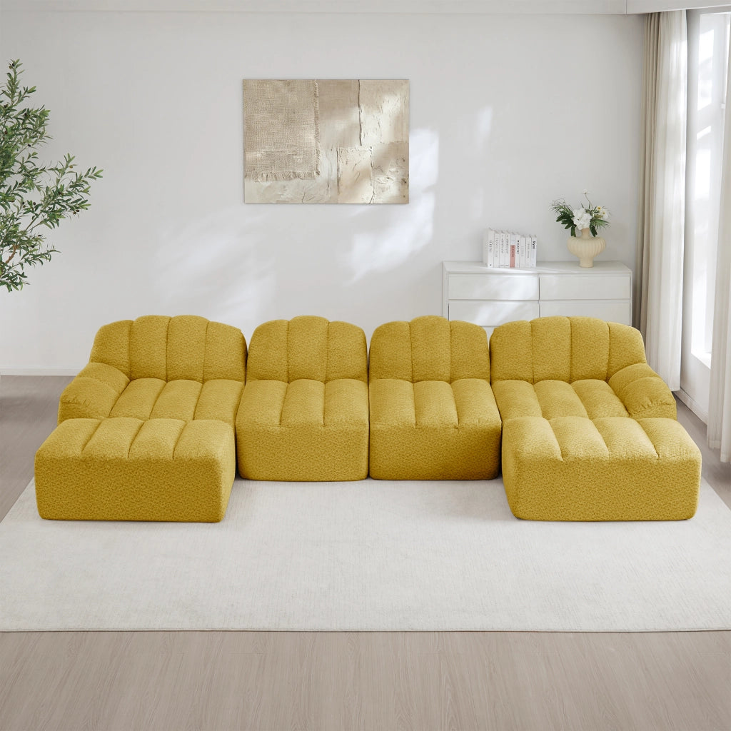 Divano angolare modulare a U 4 posti con 2 ottomani in pile granulato giallo per soggiorno 366 × 165 × 79 cm