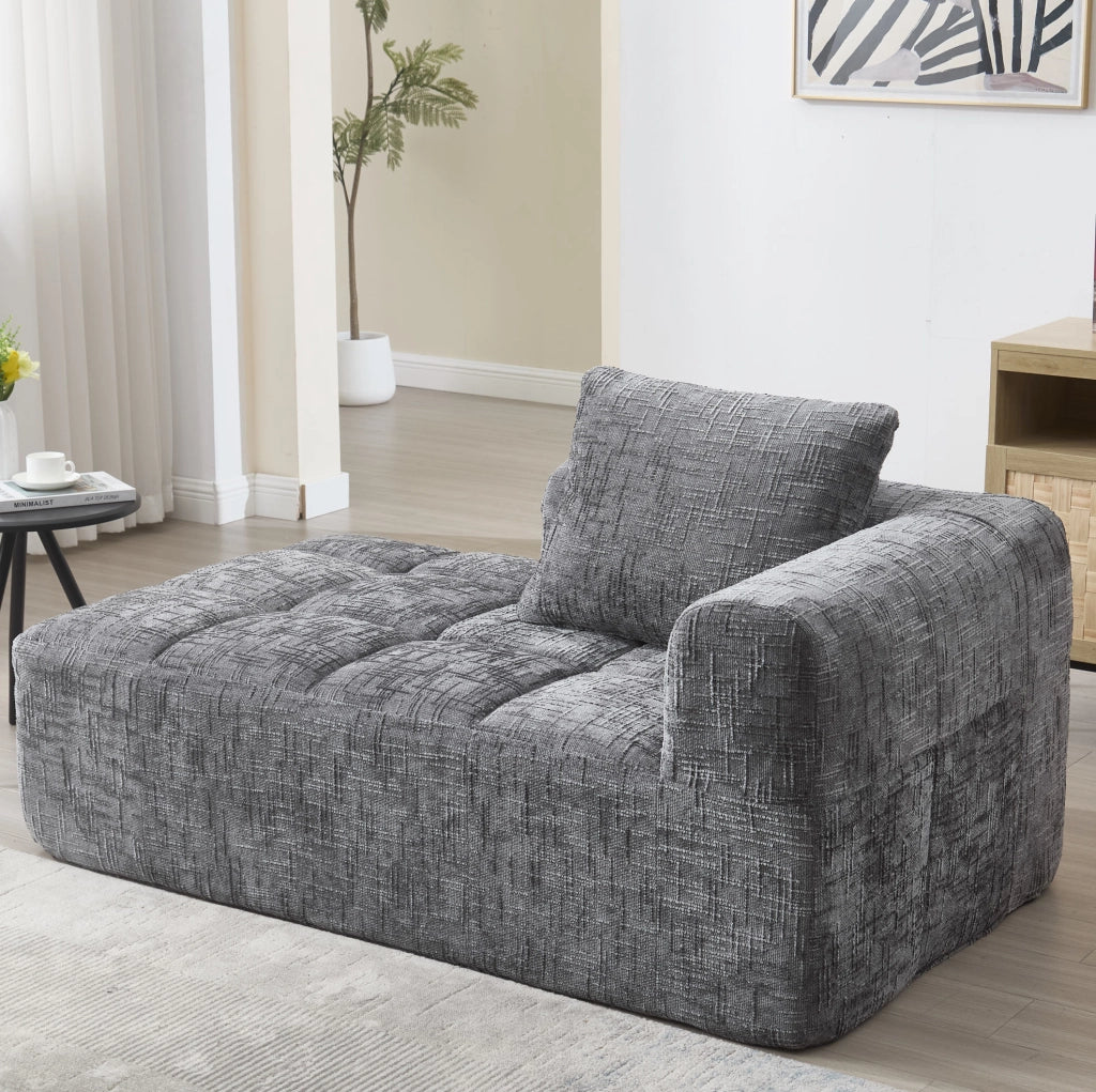 Divano Chaise Lounge in Chenille Grigio con Tasche Laterali e Cuscino, 158x90x60 cm