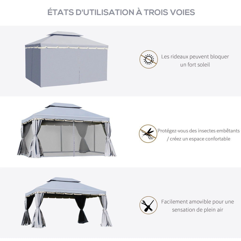 Gazebo per giardino esterno 4x3m con tetto doppio pareti e zanzariere grigio ¨C zephmum ¨C 400x300xH cm