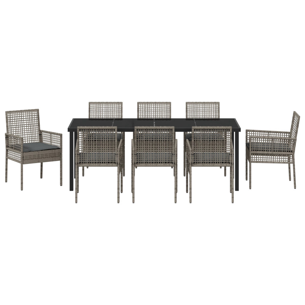 Set da pranzo per giardino 9 pezzi con cuscini grigio in polyrattan