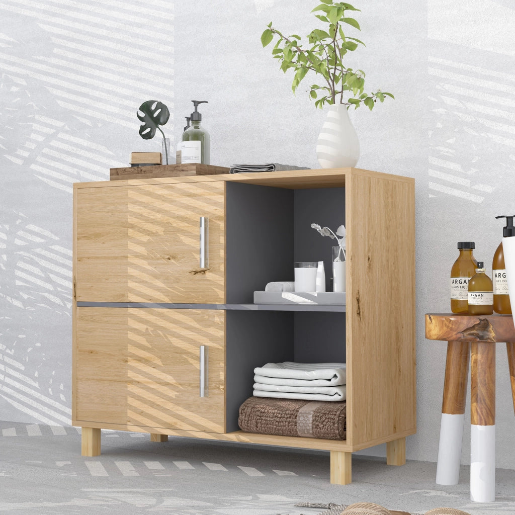 Mobile da bagno con ante e ripiani aperti ¨C Zephmum ¨C Legno naturale 80x35x70 cm