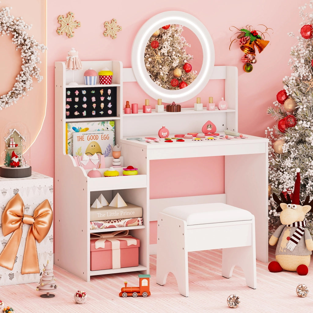 Scrivania bambini specchio luci tavolo trucco principessa scaffale aperta-Tavolo anelli spazi sgabello imbottito finzione giochi bambini Bianco