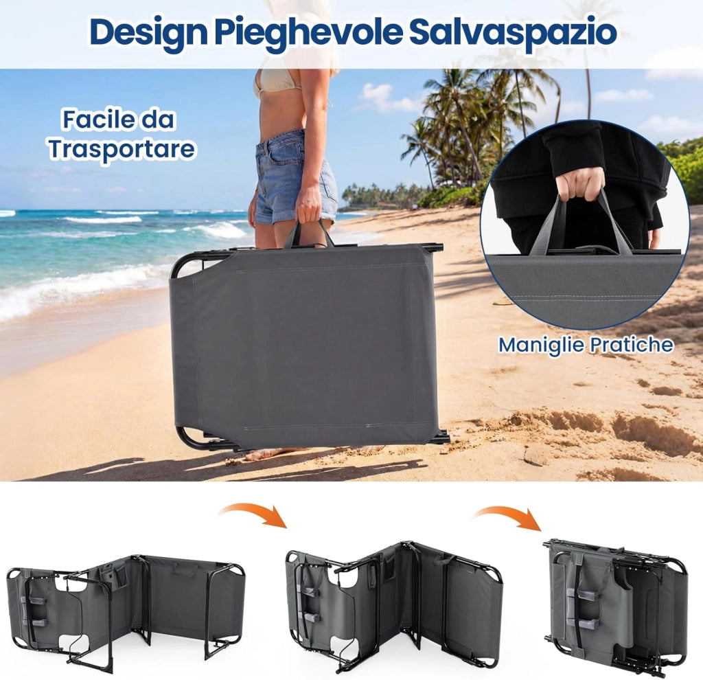 Lettino Prendisole da Spiaggia, Sdraio Mare Pieghevole Portatile con Foro per Viso e Braccia, Cuscino e Tasche Laterali, Schienale Regolabile 4 Posizioni, Portata 150 kg (Grigio)