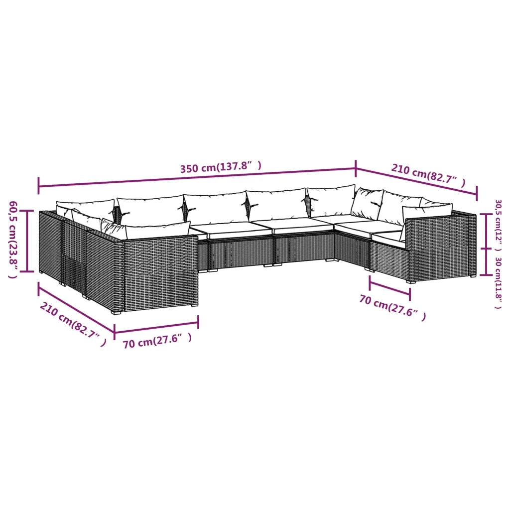 Set Divani da Giardino 9 pz con Cuscini in Polyrattan Nero cod mxl 35116