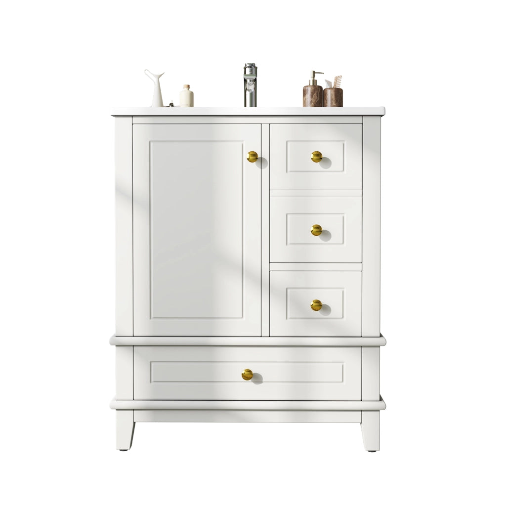 Mobile bagno con lavabo; 3 cassetti e 1 anta soft-close per bagno; in MDF e ceramica; bianco lucido; 61×47×86 cm