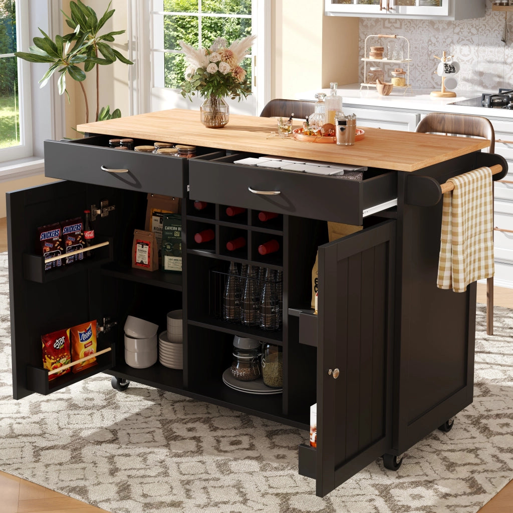Carrello da Cucina con Portabottiglie; Ripiani Regolabili e Ruote con Freno; in MDF e Metallo; 102x45x92 cm; Nero