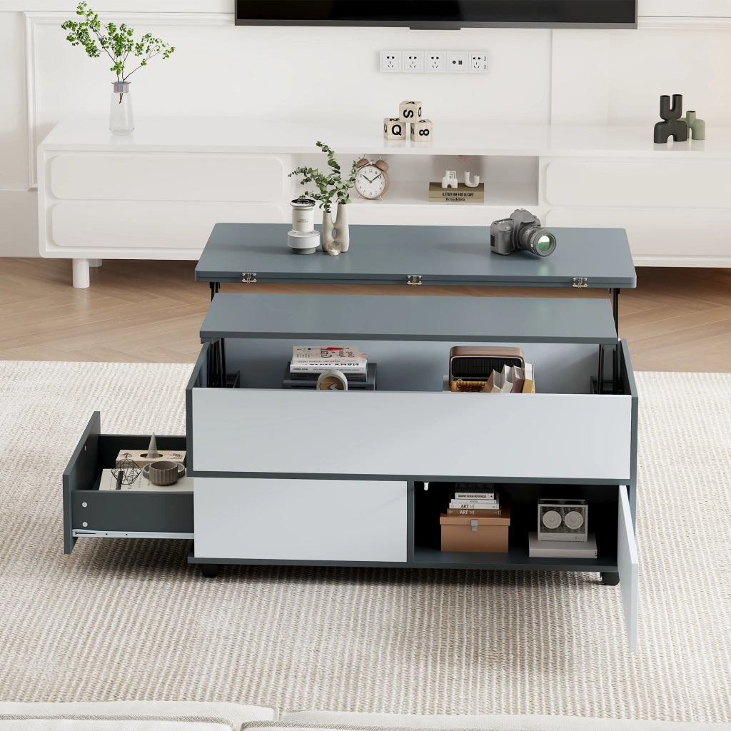 Tavolino Da Caffè Sollevabile con 1 Cassetto e 1 Armadio; Piani Idraulici; con Ruote; Stile Moderno; in Pannello Truciolare; Grigio E Bianco; 100×98×65 cm