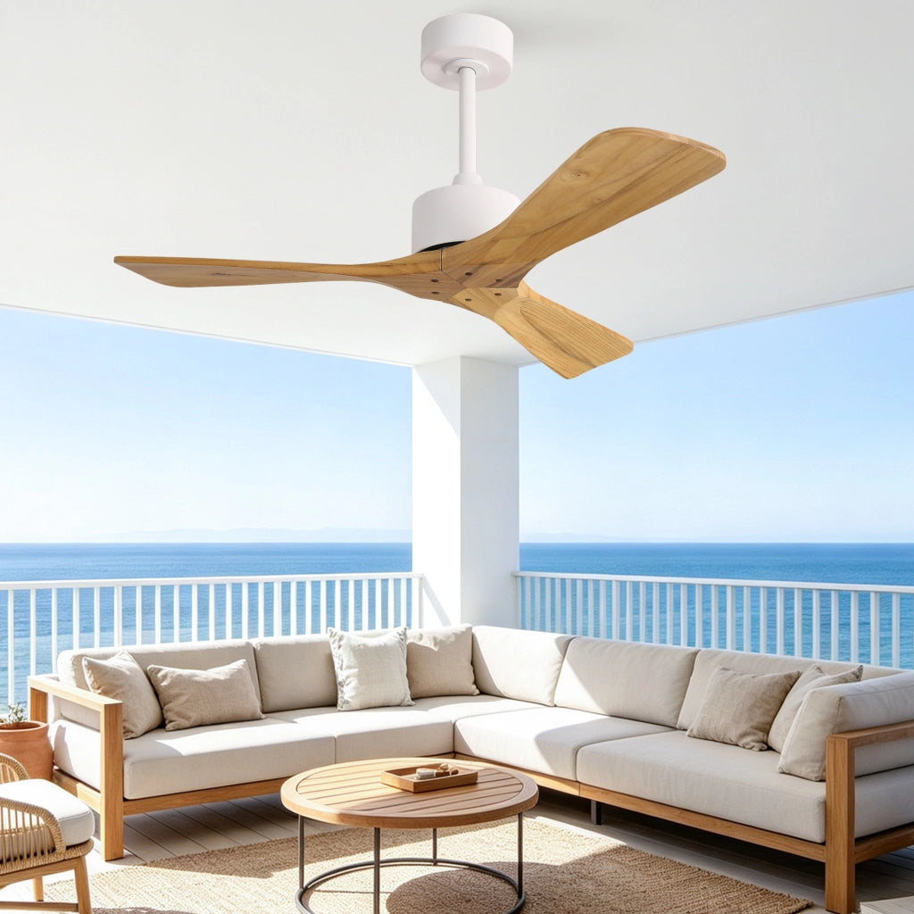 Ventilatore da soffitto moderno 42 pollici senza luce, 3 pale ad elica in legno massello naturale, motore DC reversibile silenzioso, design