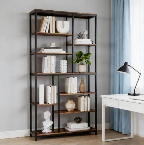 Libreria 100x30x200 cm nera e marrone rustico, metallo con ripiani aperti