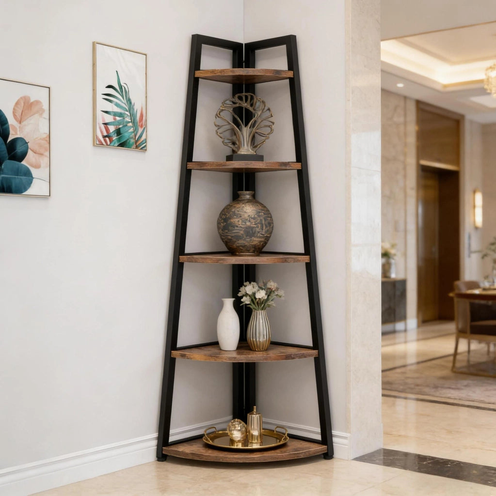 Scaffale angolare a 5 ripiani multipiano per libri e piante, struttura in legno e metallo