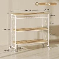 Carrello Portavivande a 4 Livelli con Portabottiglie e 5 Ganci Rimovibili, in Legno e Metallo, 96.5x38x96.7 cm
