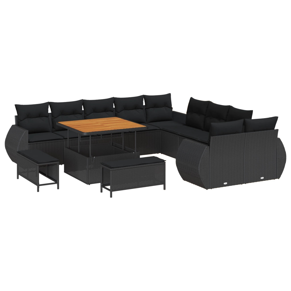 Set di divano da giardino a 13 pezzi con cuscini Nero Polyrattan Acacia
