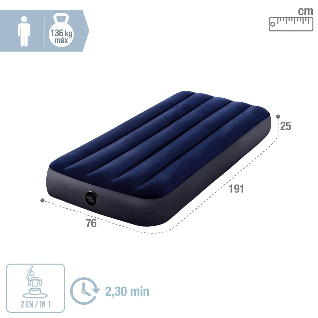 Materasso Singolo Gonfiabile Airbed Classic 76x191x25 cm con Tecnologia Fiber-Tech e Valvola 2-in-1 per Casa e Campeggio Intex