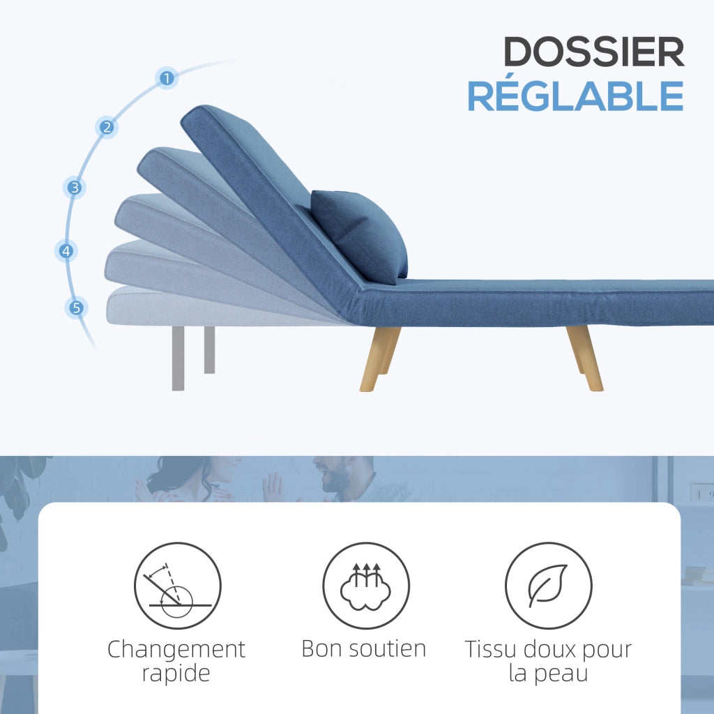 Poltrona letto convertibile 3 in 1 - Xylo - tessuto blu con cuscino, schienale 5 posizioni