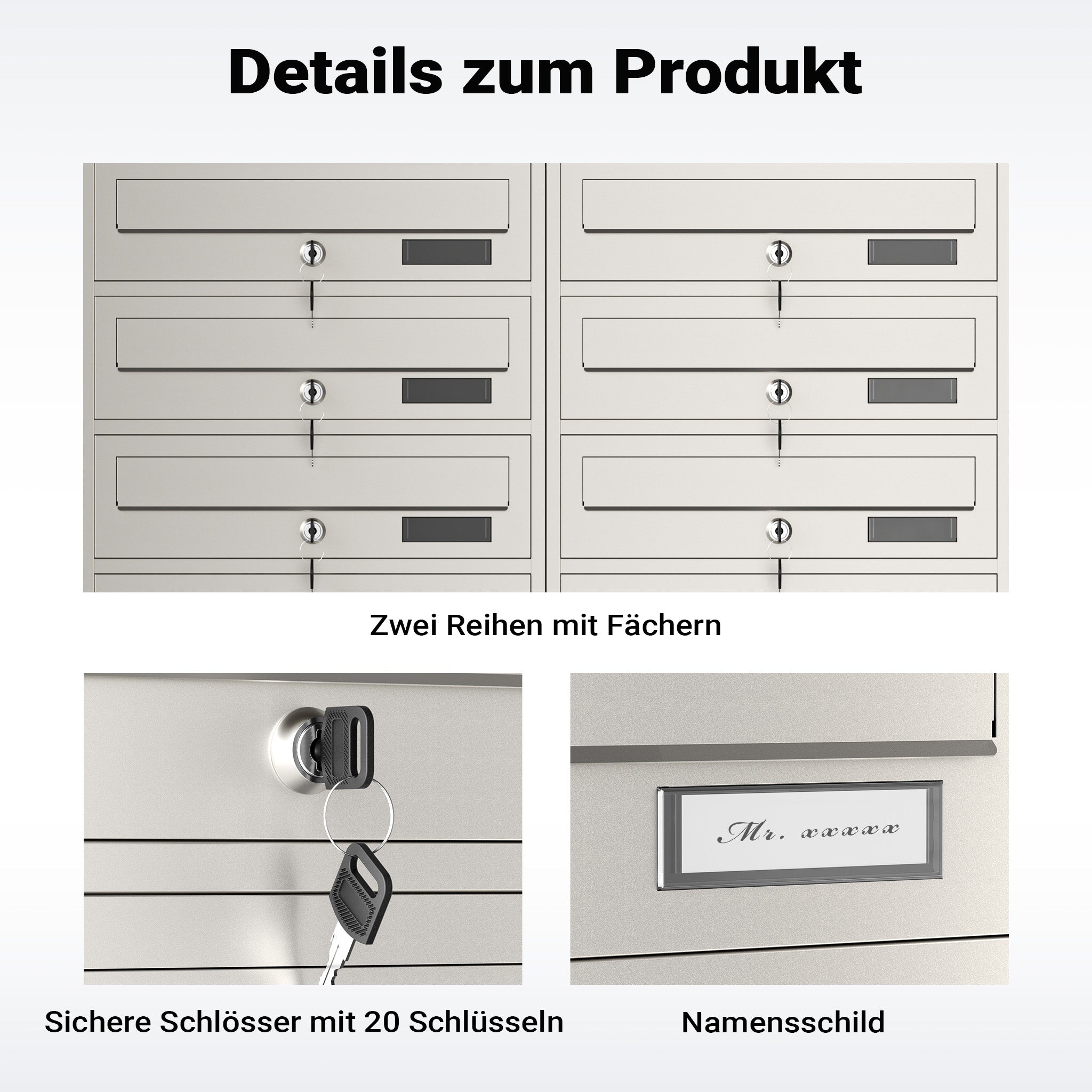 Cassetta postale condominiale autoportante, 10 posti, acciaio inox, 945 x 270 x 1500 mm, 2 moduli