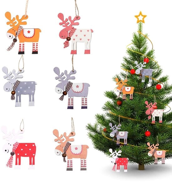 Decorazioni per albero di Natale in legno 12 pezzi - Elandi ornamenti in legno - Decorazioni appese - Materiale in legno duraturo - Accessori per decorazioni natalizie - 9,5 cm di altezza