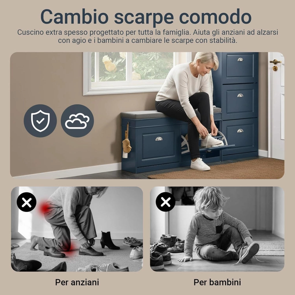 Scarpiera Ingresso di Cassetti e Ganci Laterali， Cassapanca Scarpiera Regolabile，Scarpiera Slim, per Casa, Camera, Corridoio, L104*P24*A51cm, Blu, FSR64-B