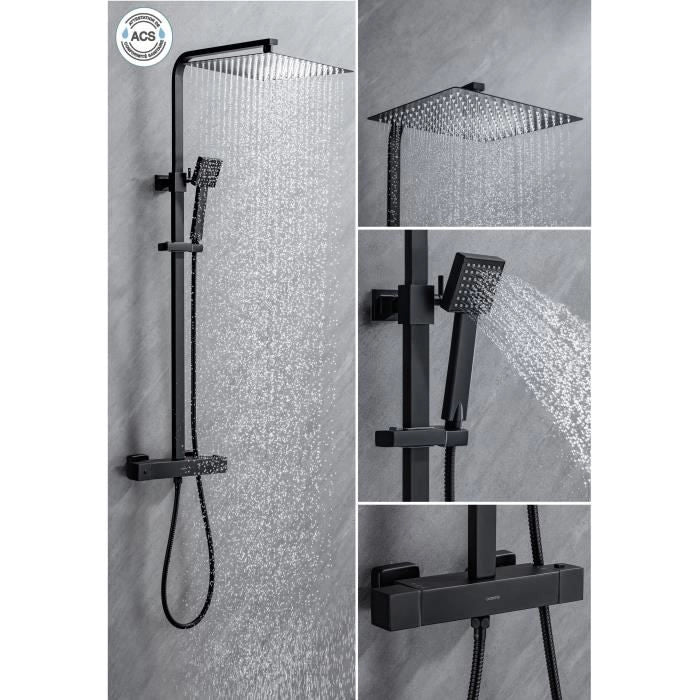 Colonna doccia OCEANIC - Miscelatore termostatico corpo freddo - Soffione doccia alto quadrato 30x30 cm - Nero opaco
