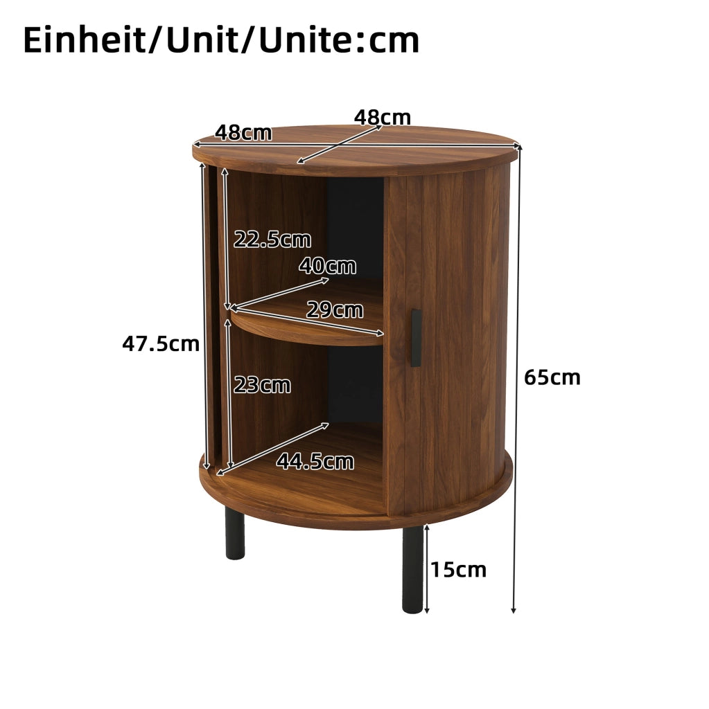 Mobile contenitore rotondo con anta scorrevole, finitura noce, 48x48x65 cm