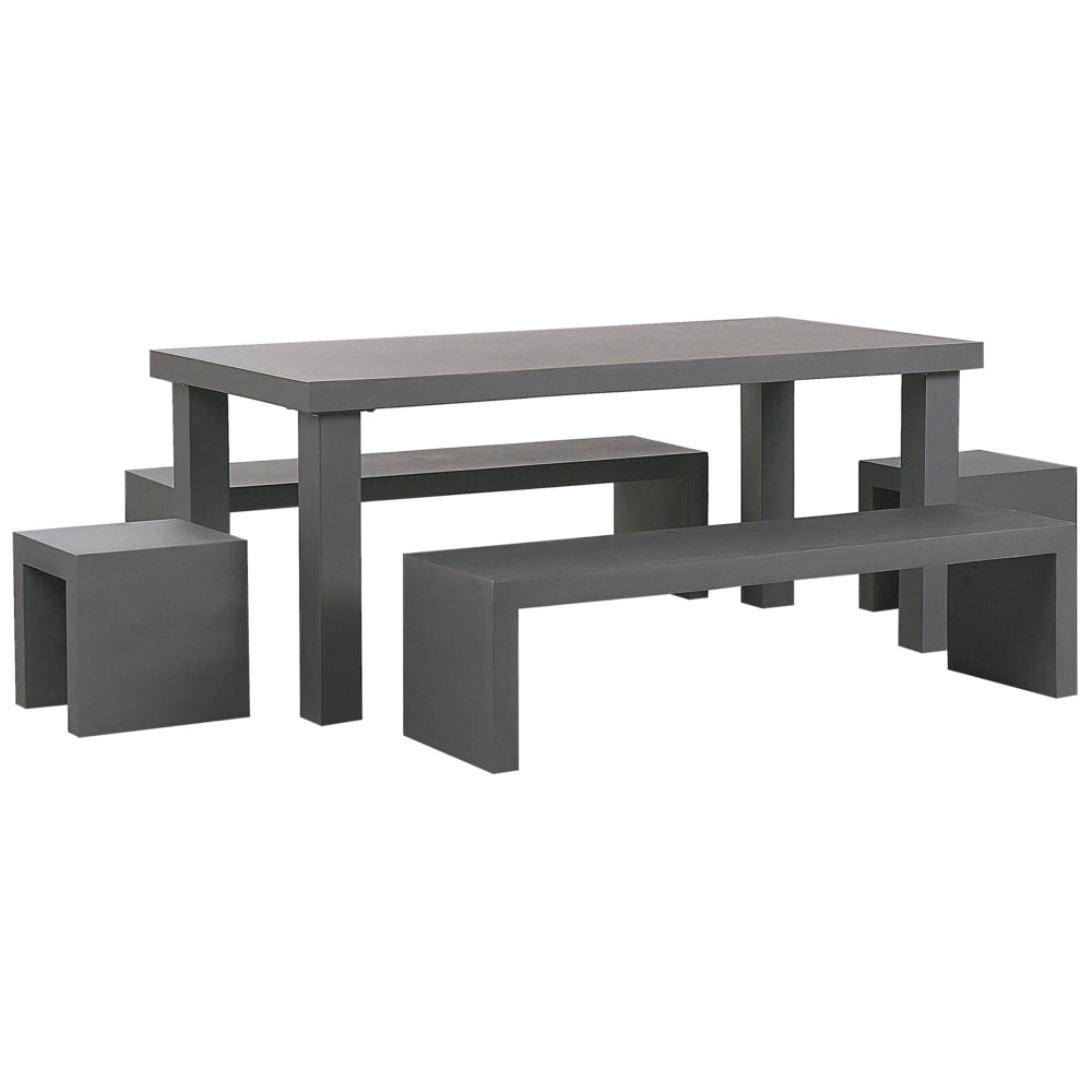 Set da pranzo da giardino Tavolo rettangolare in cemento grigio 2 panche a forma di U 2 sgabelli 6 posti resistente all'acqua