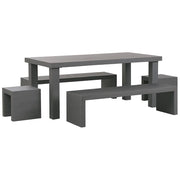 Set da pranzo da giardino Tavolo rettangolare in cemento grigio 2 panche a forma di U 2 sgabelli 6 posti resistente all'acqua