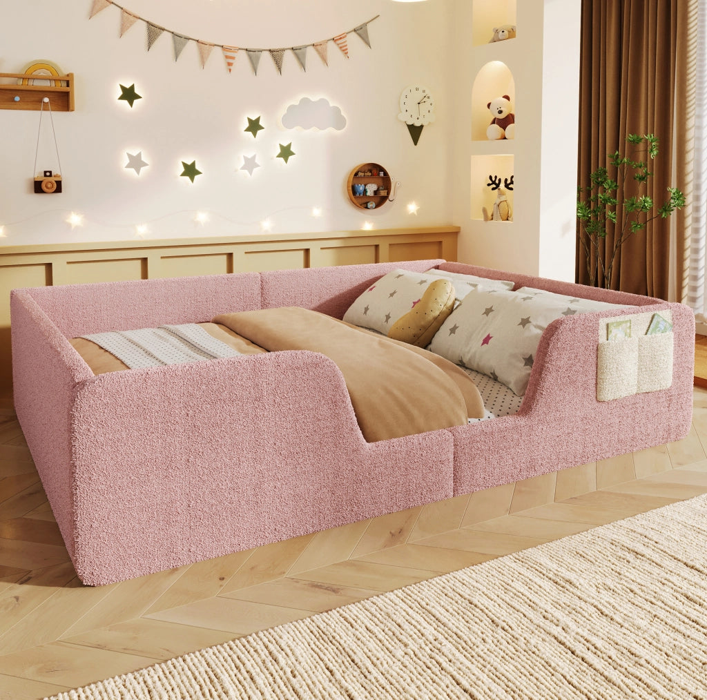 Letto imbottito per bambini 140 x 190 cm in velluto rosa con sponde rimovibili