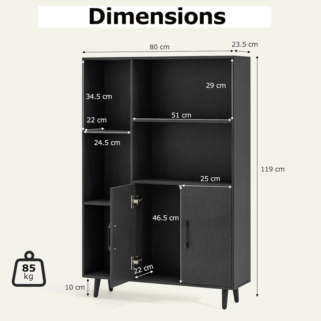 Armadietto da soggiorno, libreria, 2 ante e 5 scomparti aperti, credenza in legno, 80 x 23,5 x 119 cm (Nero)