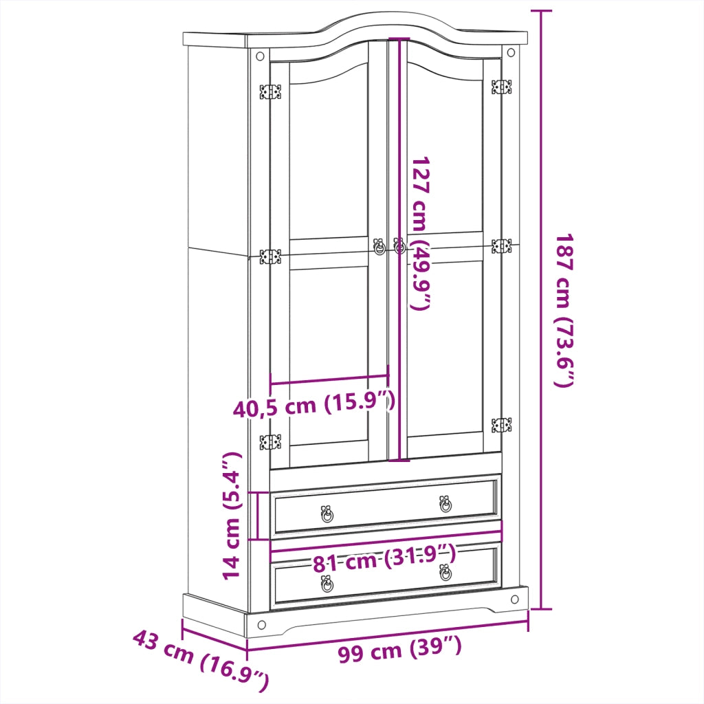 Vetrina Corona 99x43x187 cm in Legno Massello di Pino