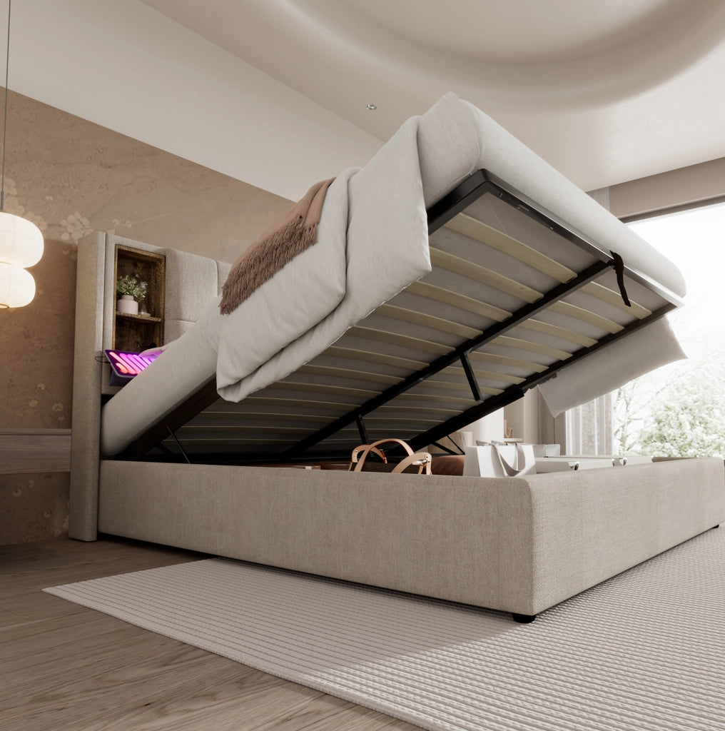 Letto matrimoniale imbottito 140x200 cm in lino naturale con ricarica wireless; USB e contenitore