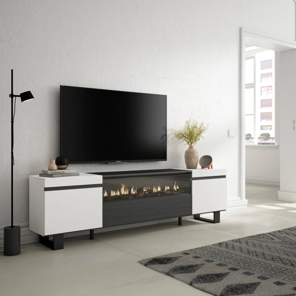 Mobile TV, 200x35x57cm, soggiorno, Per TV fino a 80", Camino elettrico, Design industriale, Bianco e nero RF2206