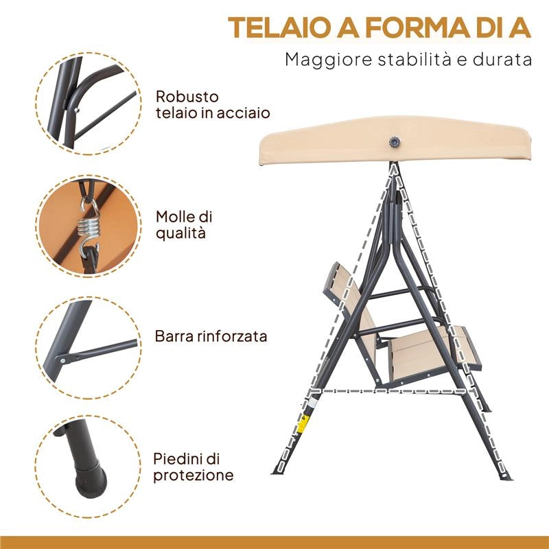 DONDOLO DA GIARDINO A 3 POSTI CON TETTUCCIO, SEDUTA TRASPIRANTE E TELAIO IN ACCIAIO, BEIGE