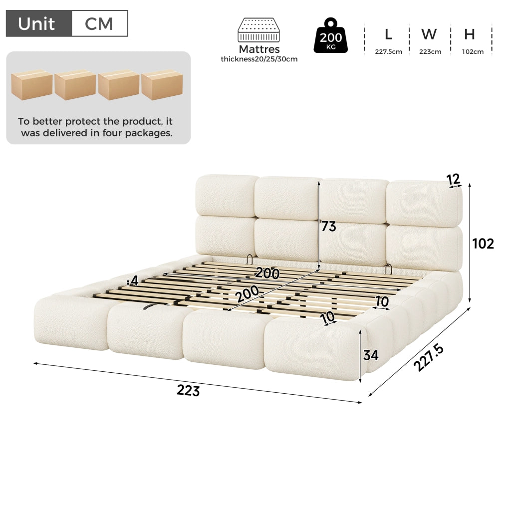 Letto Contenitore 200 x 200 cm con Sollevamento Idraulico; Bouclé Bianco