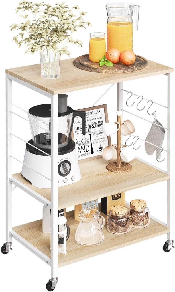 Scaffale da Cucina con Ruote, Carrello Cucina a 3 Livelli, Scaffale per Microonde con 4 Ganci, Carrello da Bar con Struttura in Metallo, Bianco + Effetto Legno, 60x40x82,5 cm