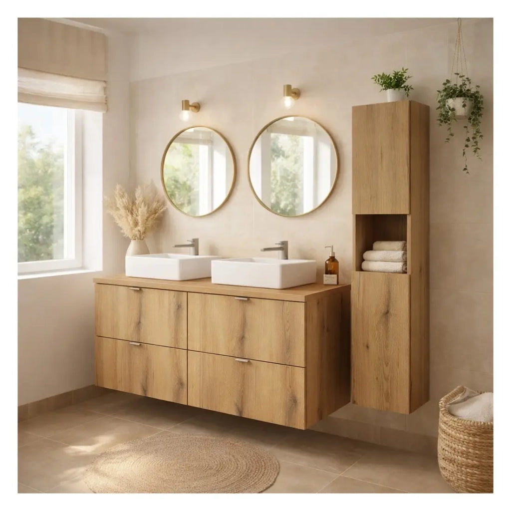 Set VANO effetto quercia 130cm: mobili sottolavabo con cassetti + piano per lavabo + lavabi rettangolari da appoggio + colonna