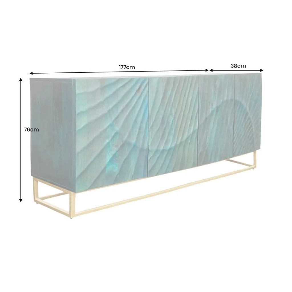 Buffet LUMBER 180 cm – Legno scolpito turchese e dorato, stile design contemporaneo