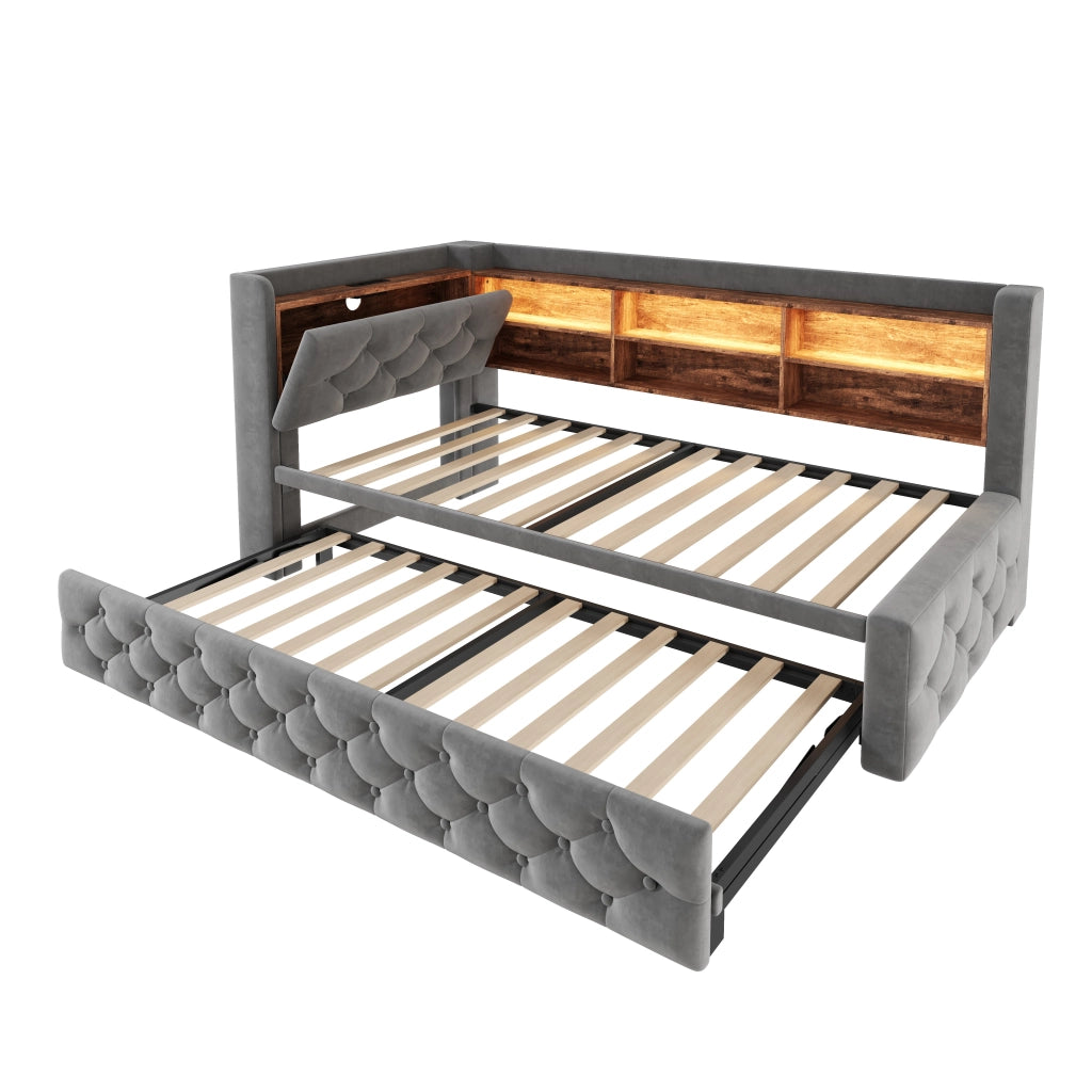 DIVANO LETTO Estraibile 90x190 cm Velluto Grigio Scuro con LED, USB e Type-C