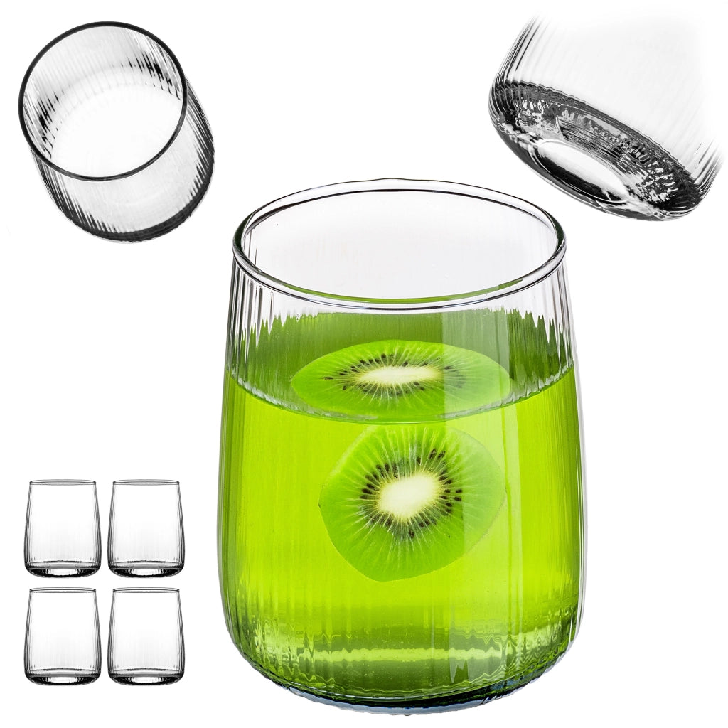 Set di 4 bicchieri da 310 ml per bevande, acqua e succhi di frutta, con superficie scanalata.