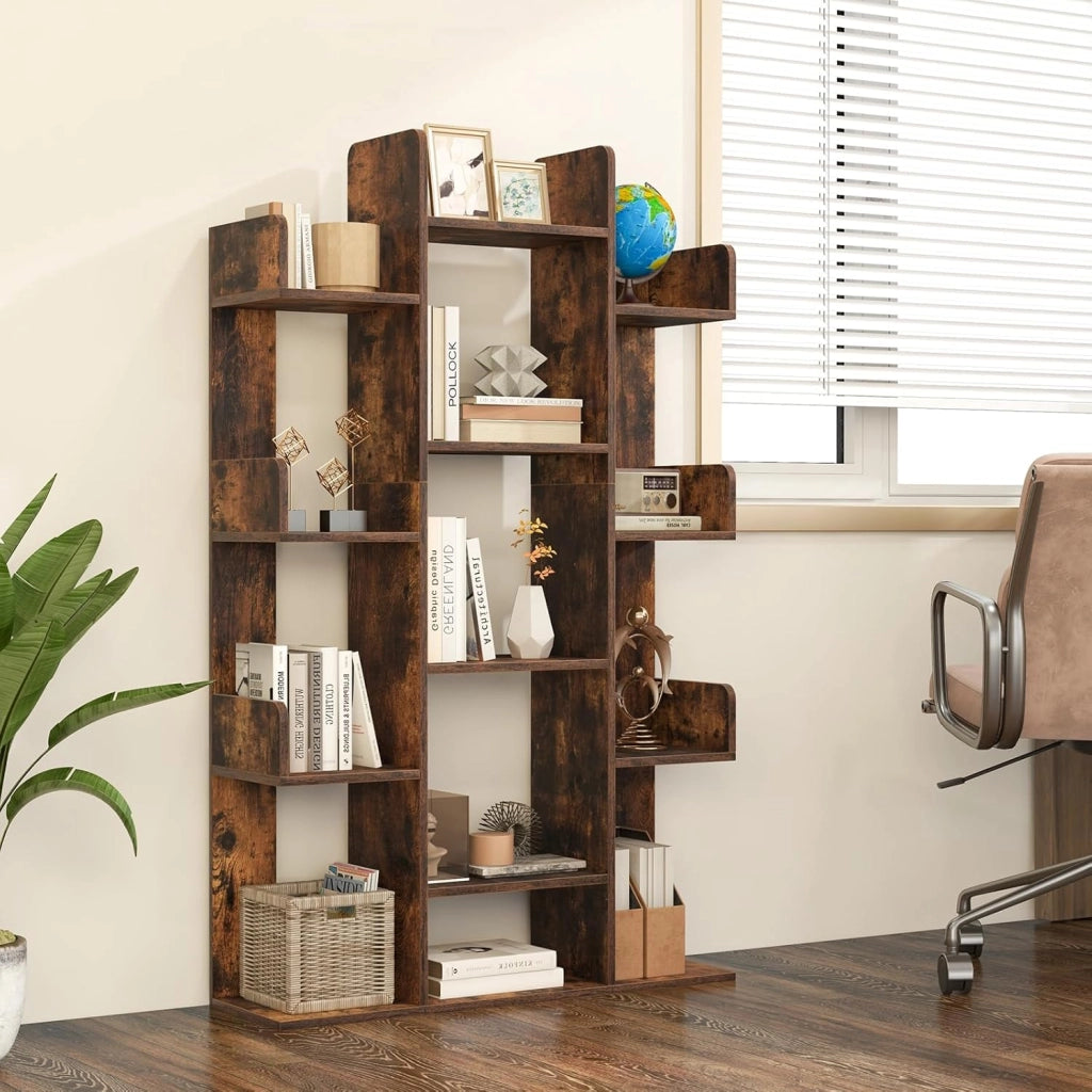 Libreria in legno con 13 ripiani aperti, libreria a forma di albero con kit antiribaltamento, 86 x 24,5 x 141 cm, mobile organizer per soggiorno, studio, ufficio (marrone)